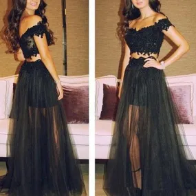 2 Pieces Short Sleeves Sexy Black Lace Evening Gowns Prom Dress