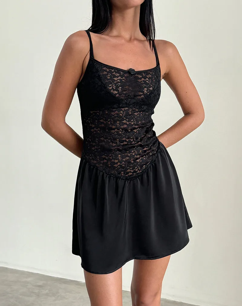 Alunan Slip Dress in Satin Lace Black