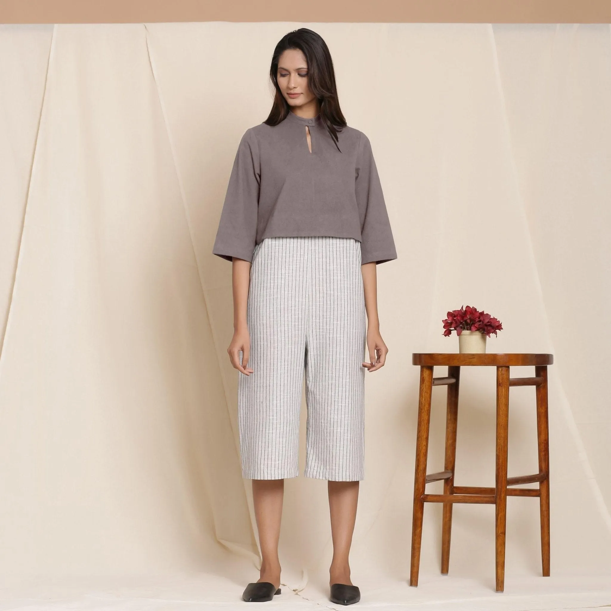 Ash Grey Warm Cotton Flannel Knee Length Jumpsuit