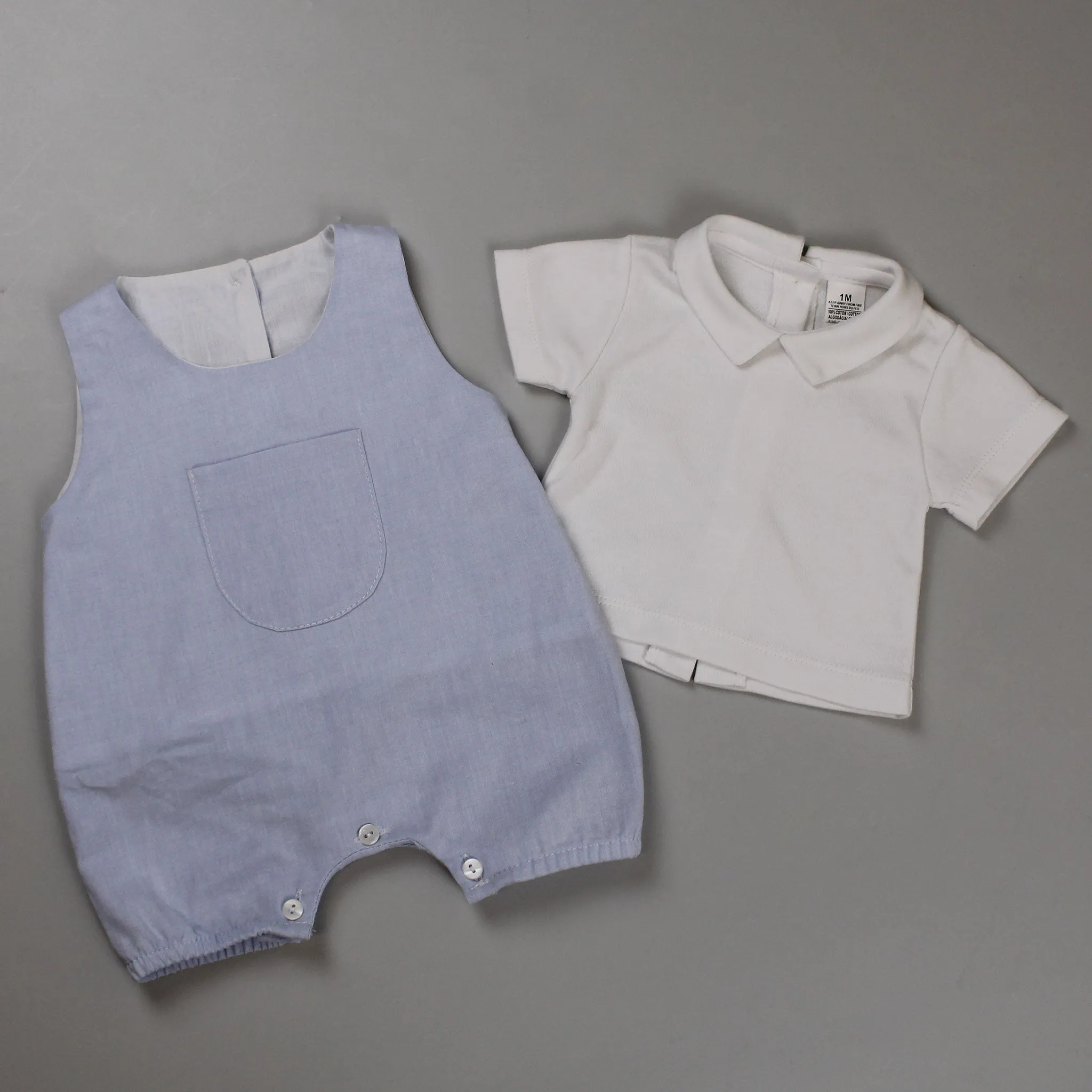 Baby Boys 2 Piece Outfit - Romper and White Shirt - Blue