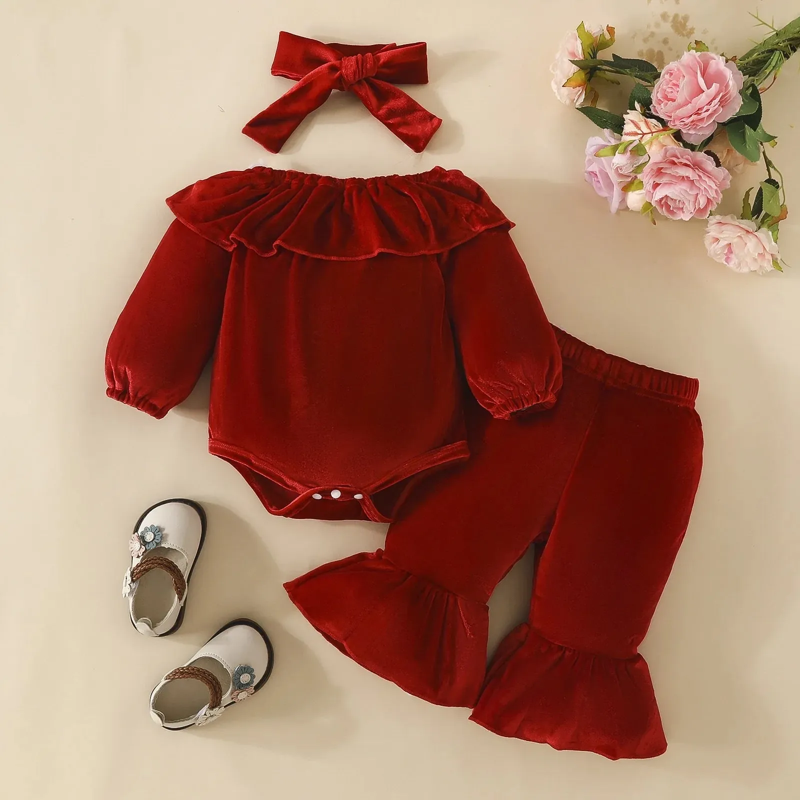 Baby Christmas Solid Romper And Pant With Headband