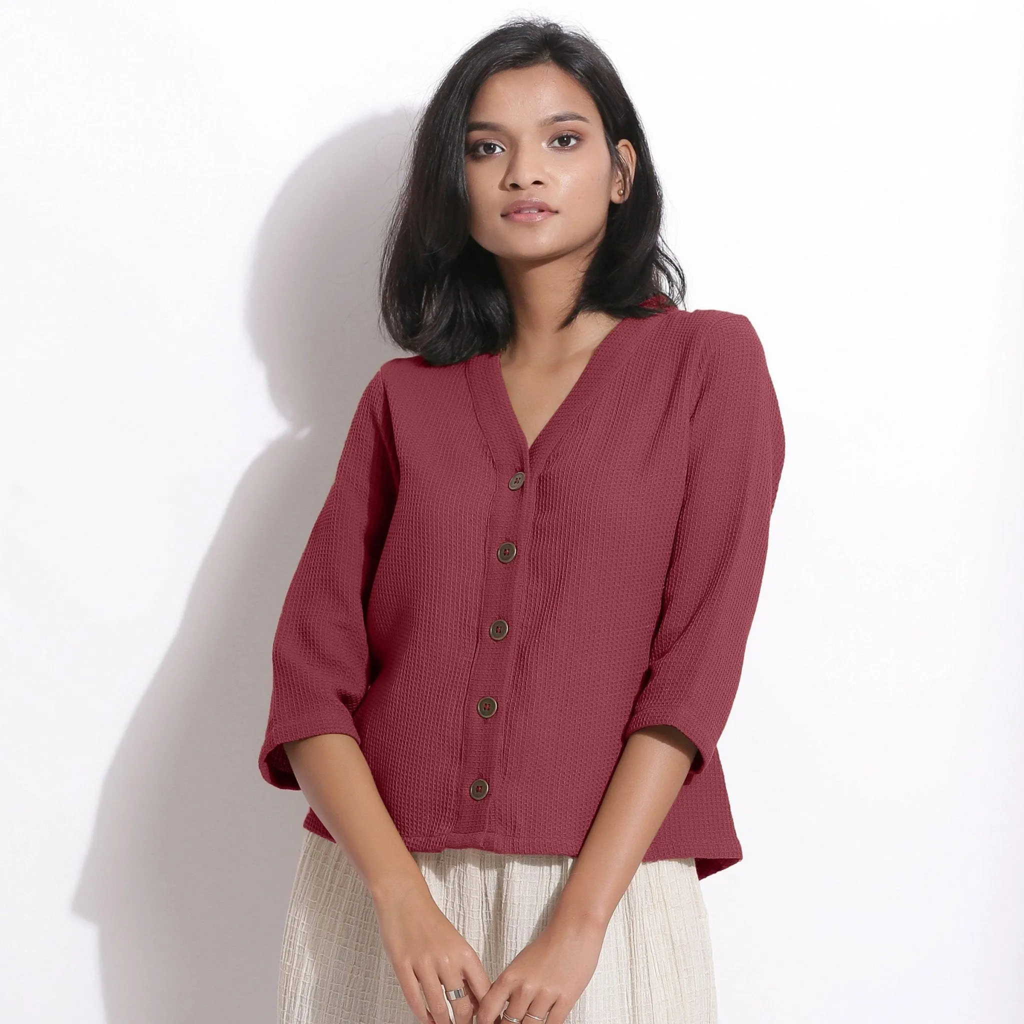 Barn Red Warm Cotton Waffle Button-Down Top