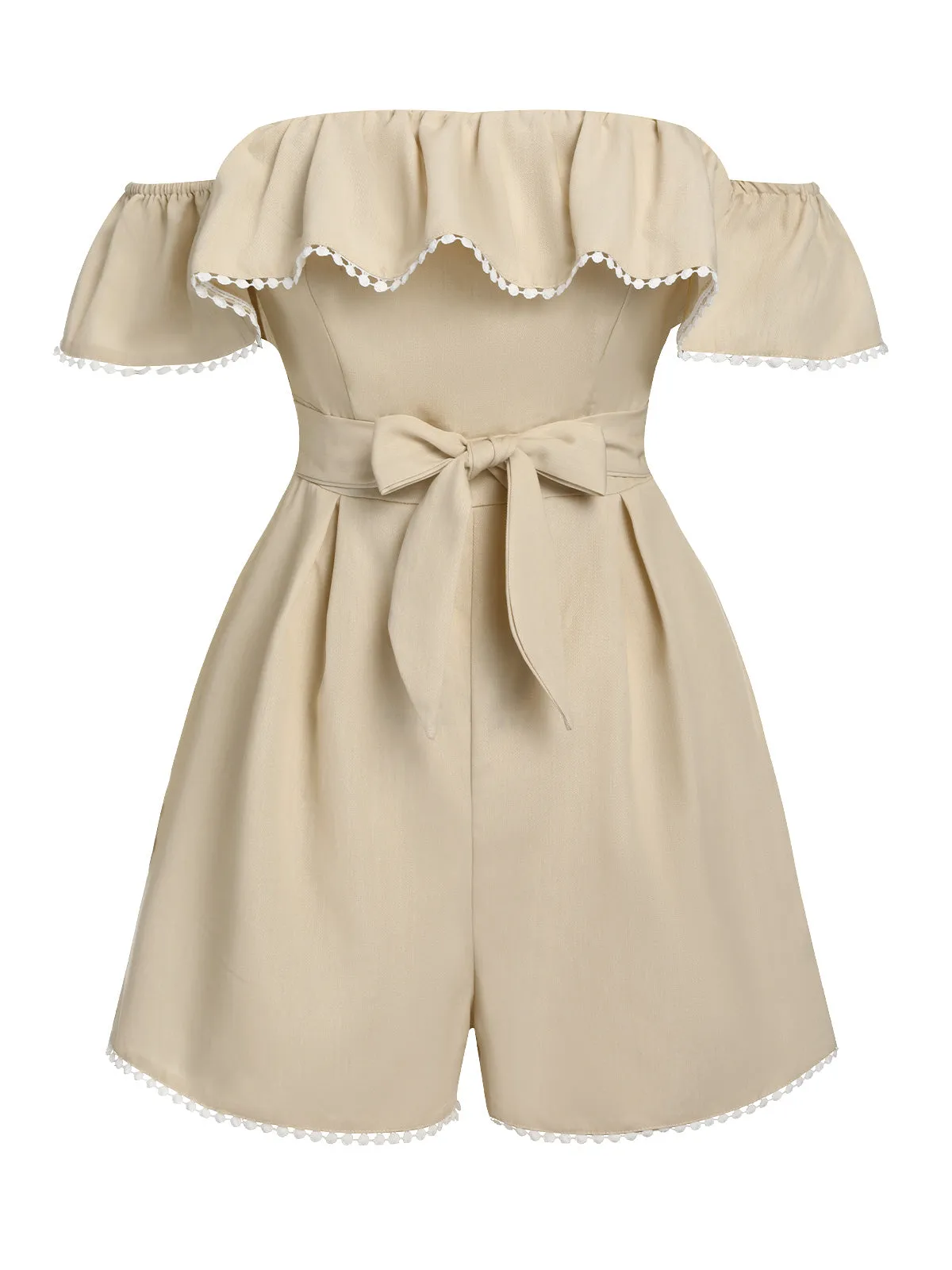 Beige 1950s Solid Cap Sleeve Belt Romper