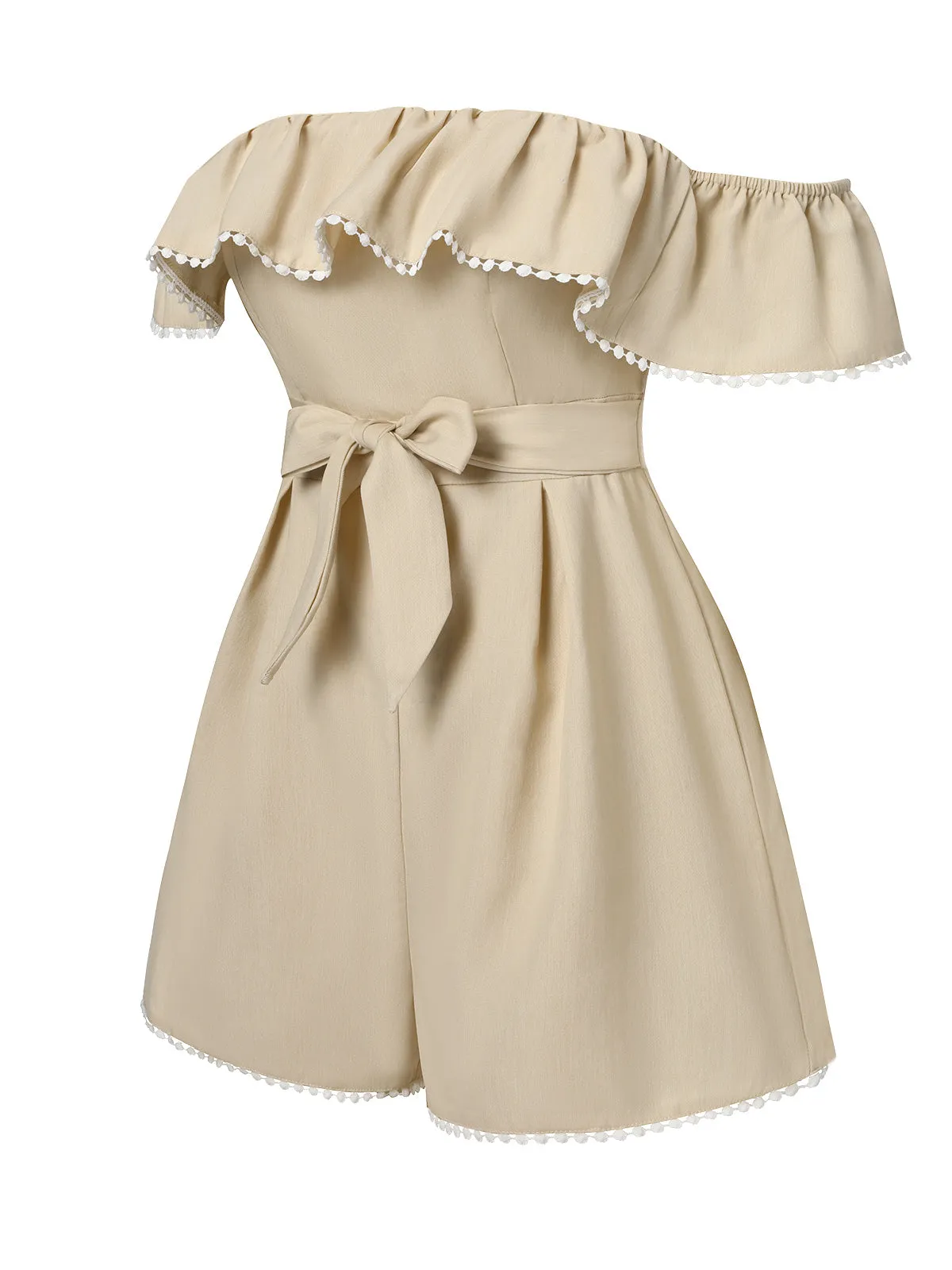 Beige 1950s Solid Cap Sleeve Belt Romper