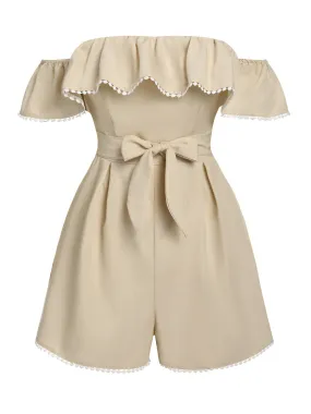 Beige 1950s Solid Cap Sleeve Belt Romper