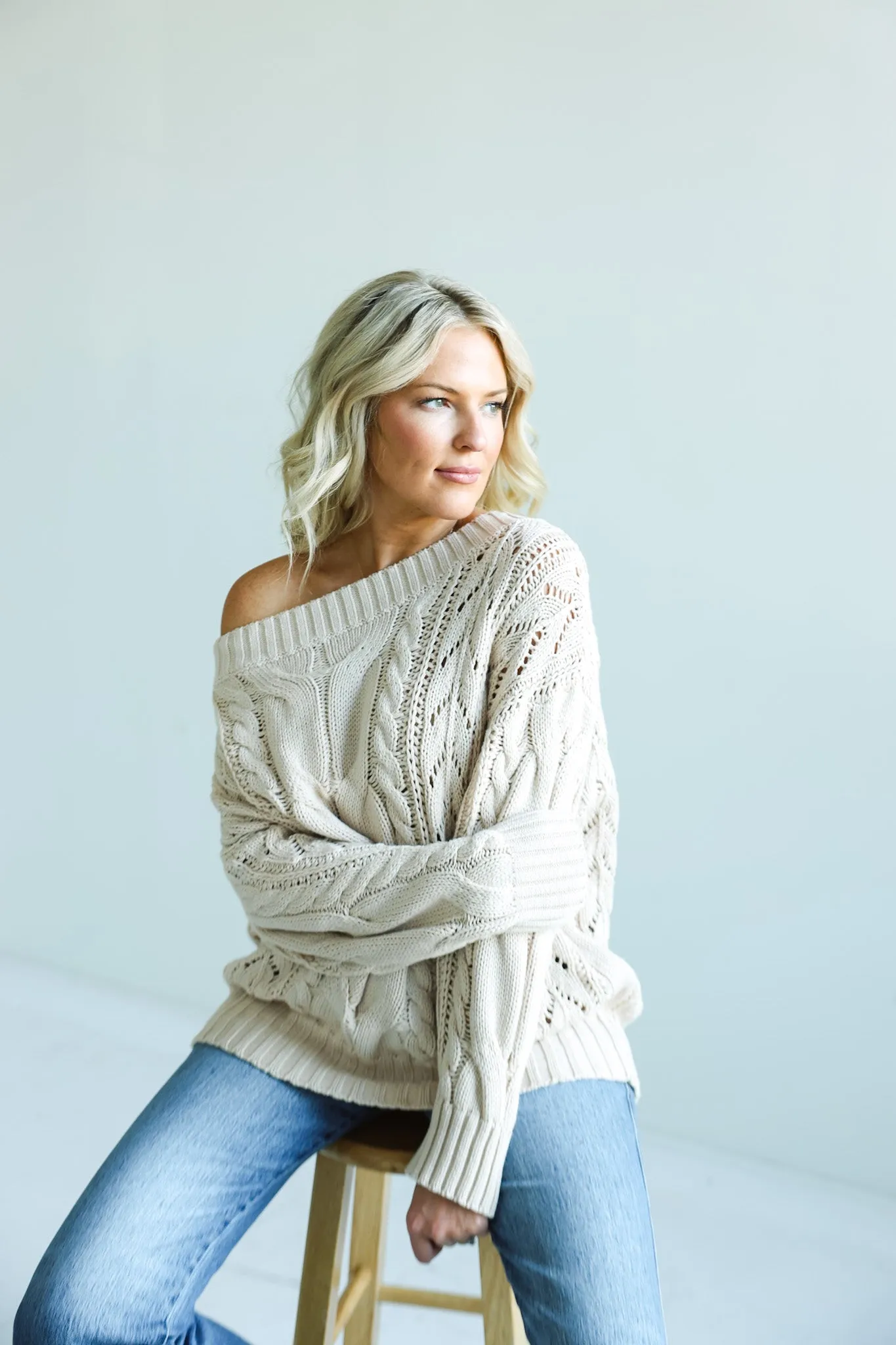 Beige Chunky Cable-Knit Sweater