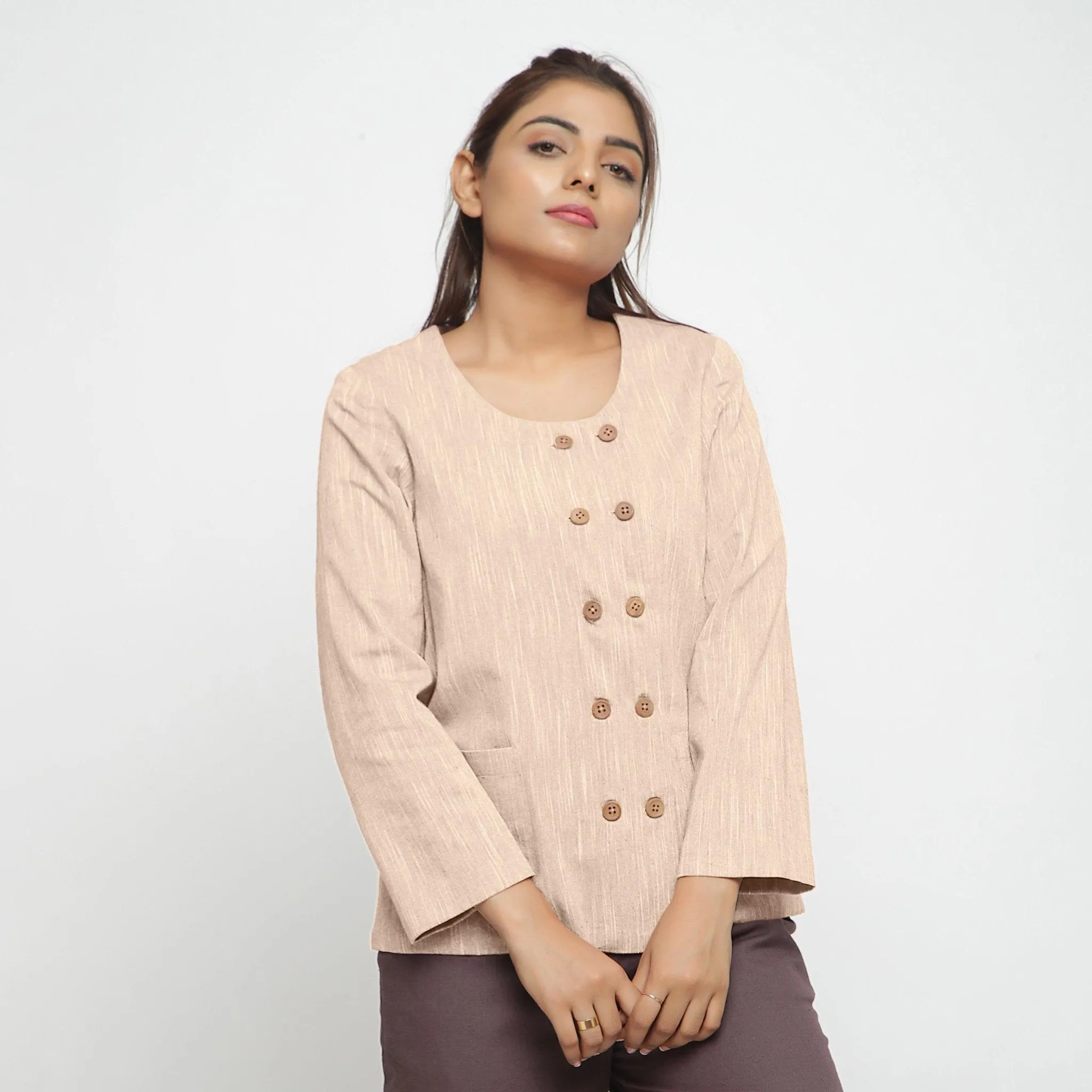 Beige Cotton Flax Double-Breasted Button-Down Jacket