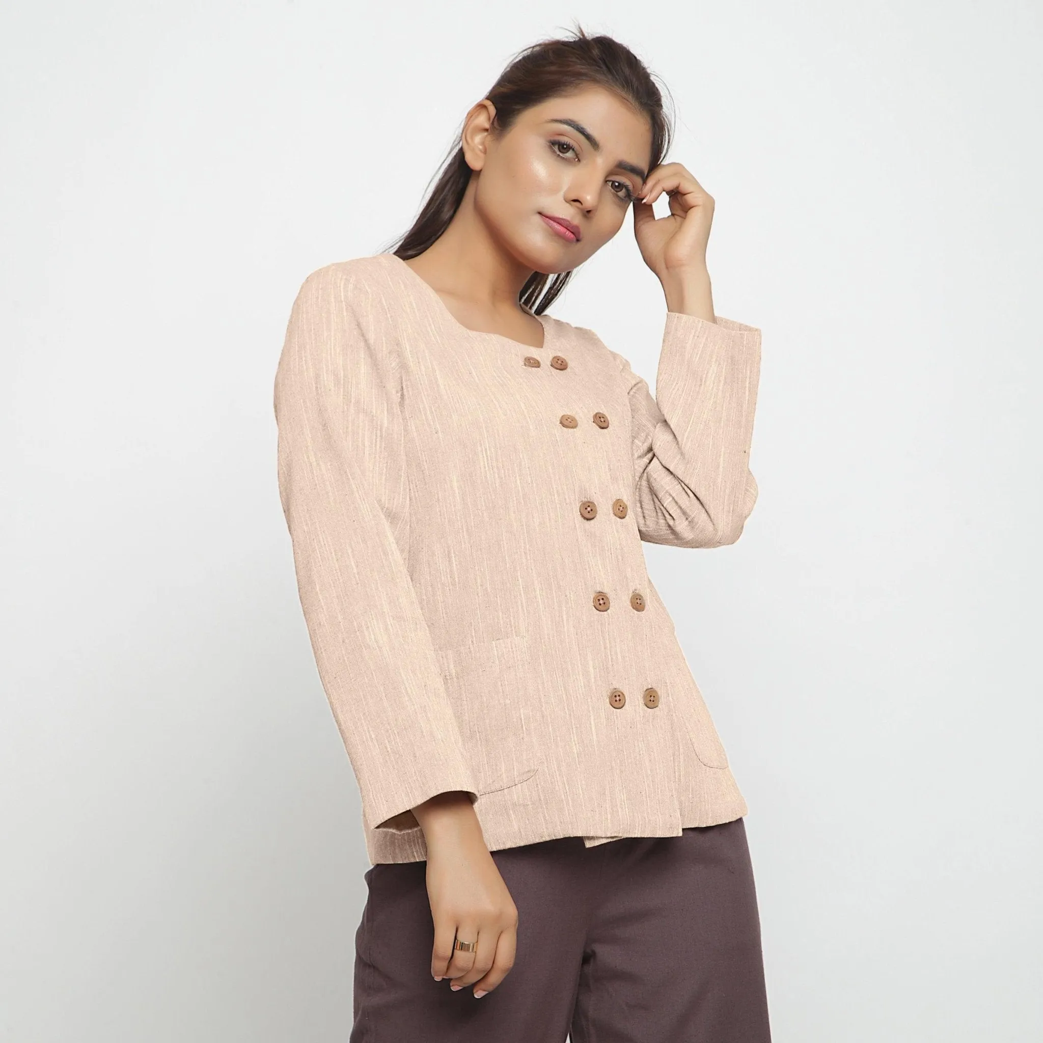 Beige Cotton Flax Double-Breasted Button-Down Jacket