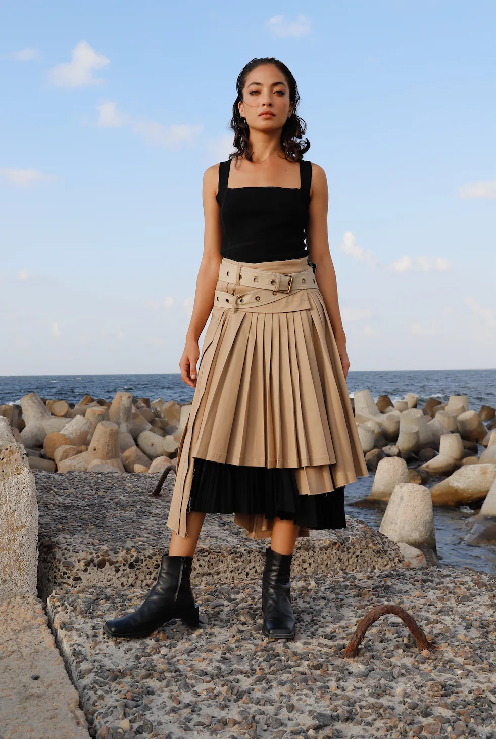 Belted Wrap Pleated Gabardine Skirt