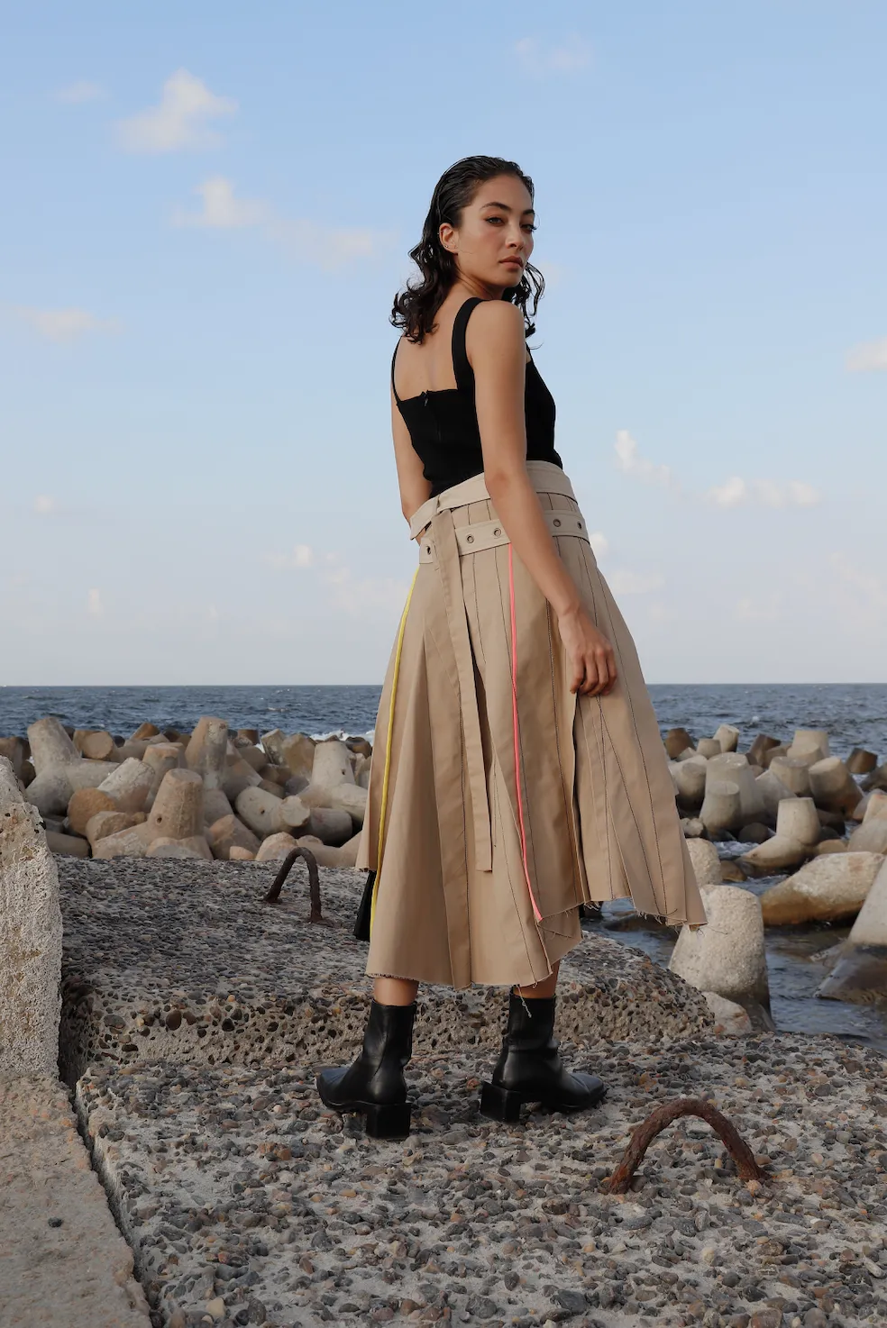 Belted Wrap Pleated Gabardine Skirt