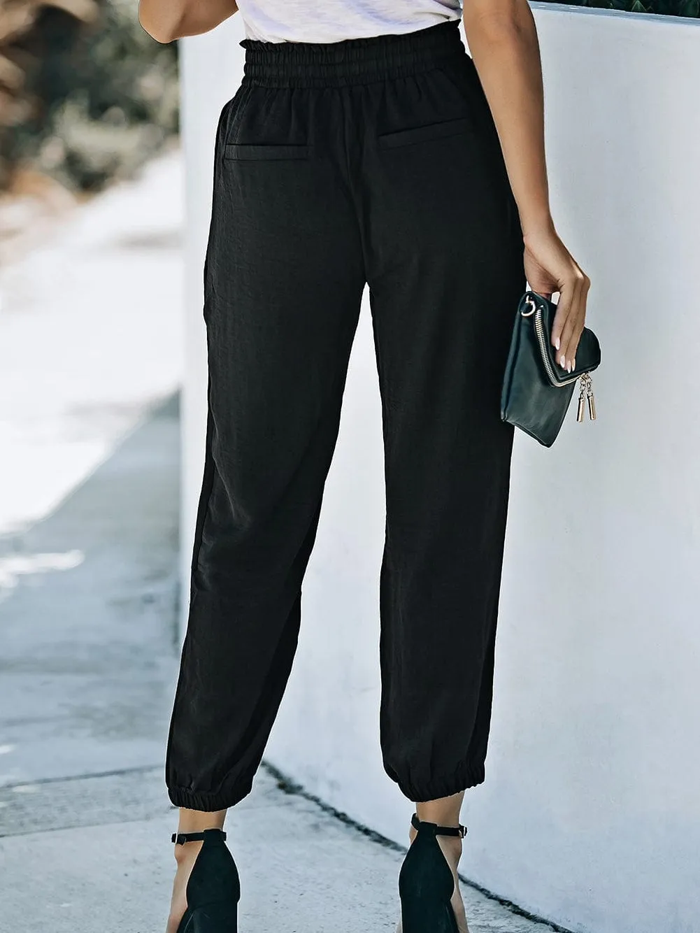 Black Smocked Waist Elastic Joggers for Women