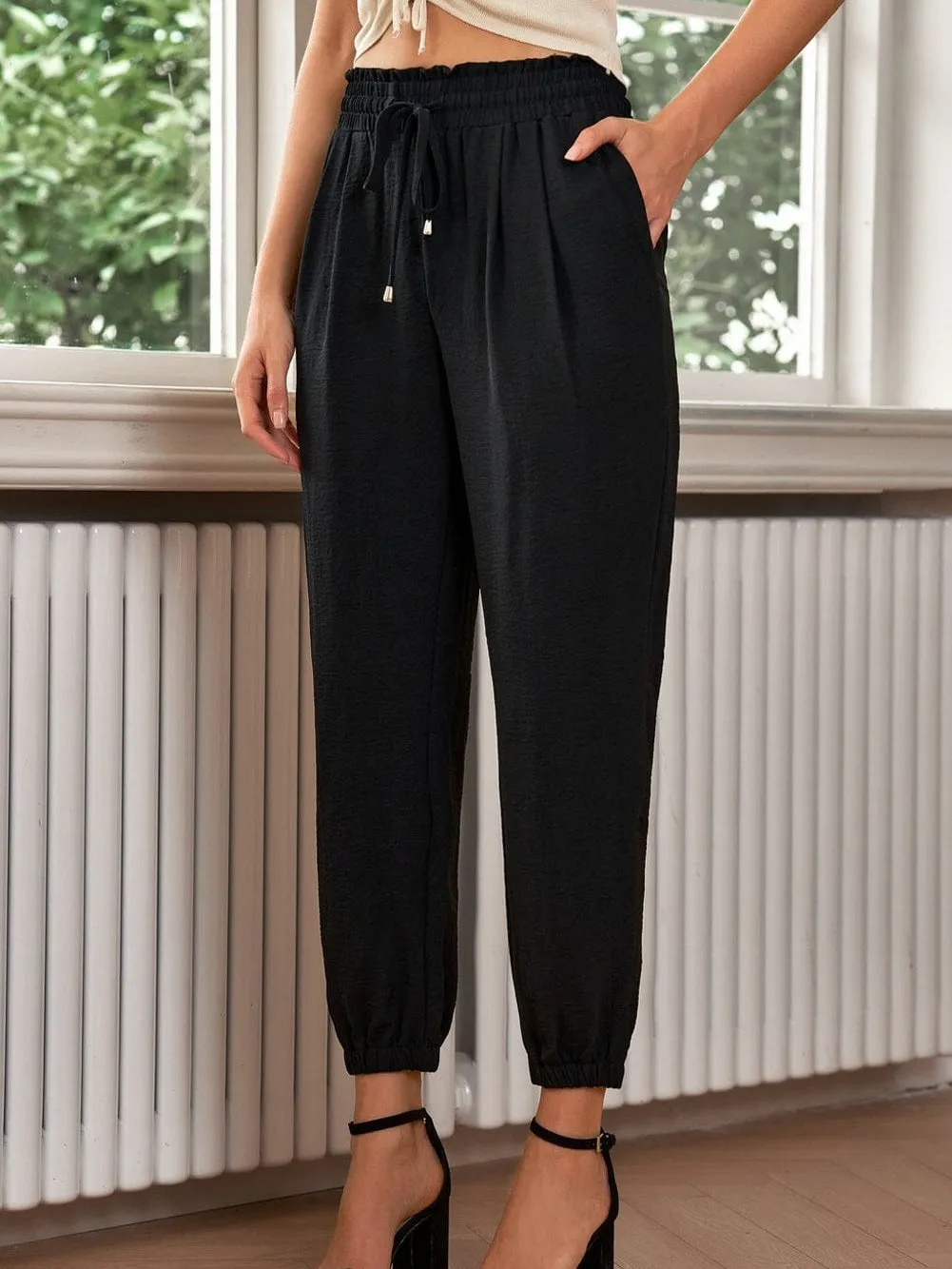 Black Smocked Waist Elastic Joggers for Women