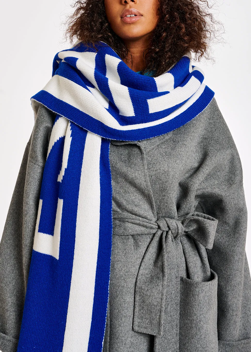 Blue intarsia-knit logo scarf