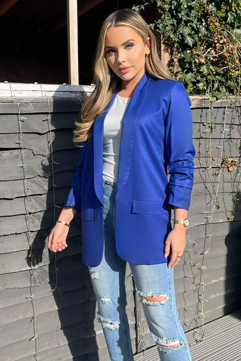 Blue Ruched Sleeve Blazer