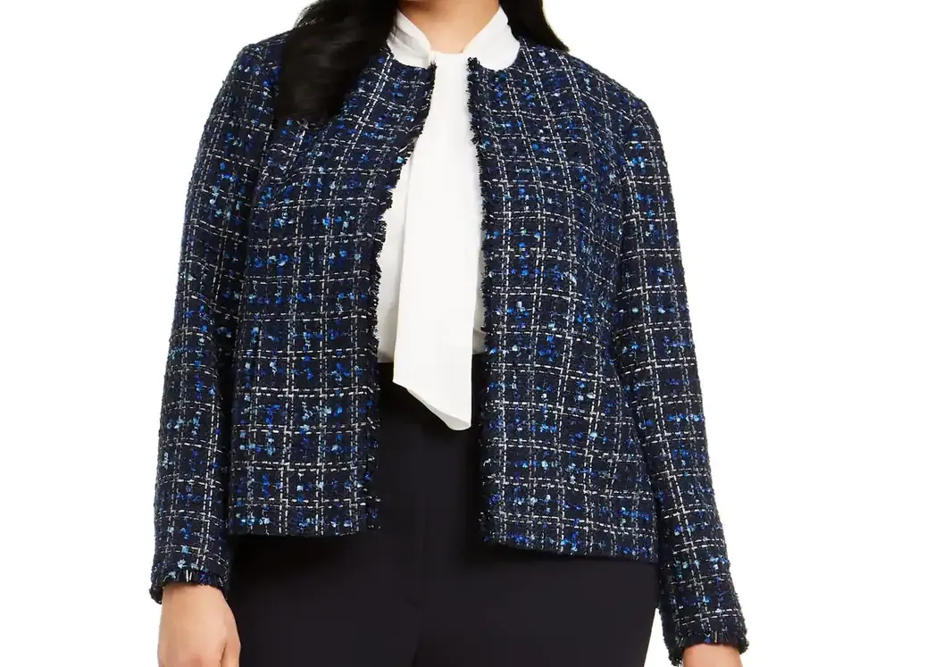 CALVIN KLEIN Women's Navy Blue Tweed Open Front Blazer