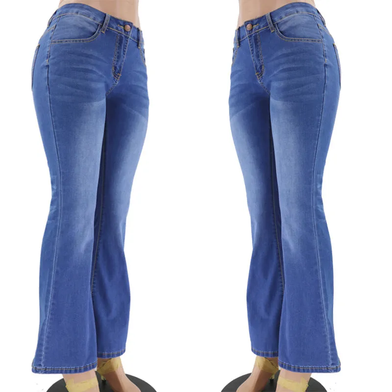 Casual Solid Color Mid-Rise Denim Flared Pants Wholesale Womens Clothing