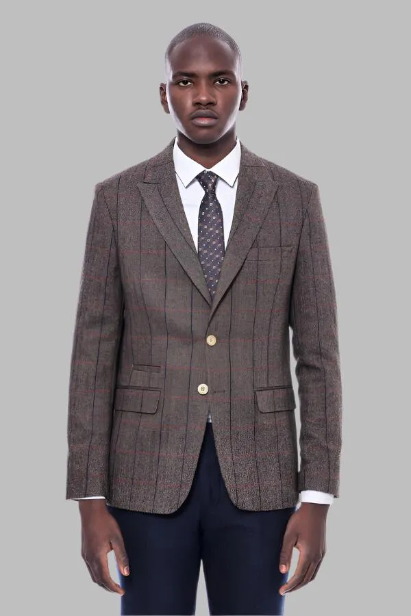 Checked Brown Slim-Fit Men's Blazer - Wessi