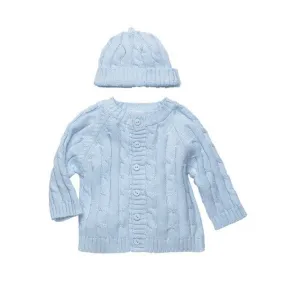 Cotton Cable Knit Light Blue Cardigan Sweater & Beanie Set