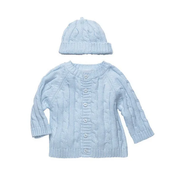 Cotton Cable Knit Light Blue Cardigan Sweater & Beanie Set