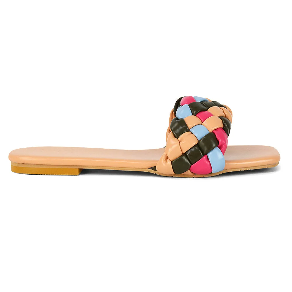 DARCIE WOVEN STRAP SQUARE TOE FLAT SLIDER SANDAL IN BLACK MULTI SYNTHETIC LEATHER