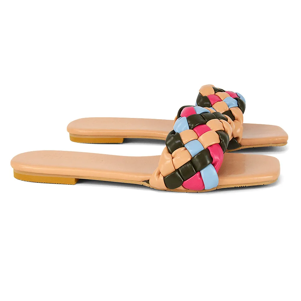 DARCIE WOVEN STRAP SQUARE TOE FLAT SLIDER SANDAL IN BLACK MULTI SYNTHETIC LEATHER