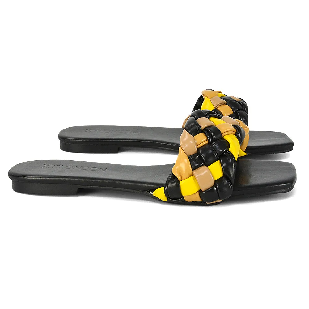 DARCIE WOVEN STRAP SQUARE TOE FLAT SLIDER SANDAL IN BLACK MULTI SYNTHETIC LEATHER