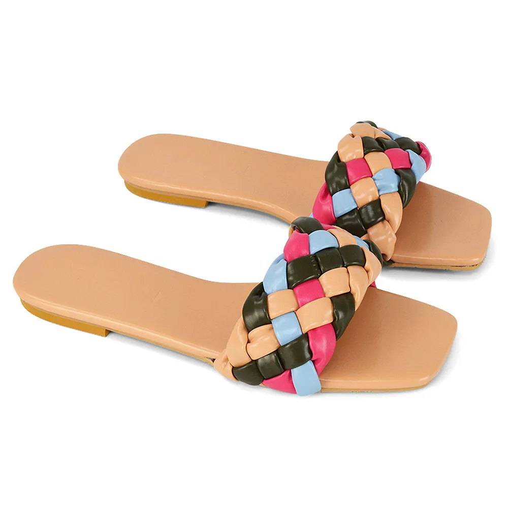 DARCIE WOVEN STRAP SQUARE TOE FLAT SLIDER SANDAL IN BLACK MULTI SYNTHETIC LEATHER