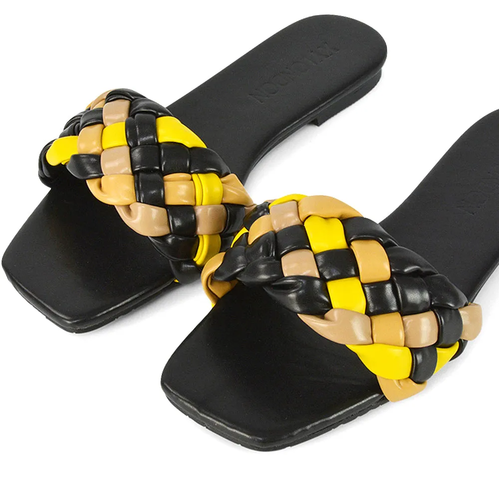 DARCIE WOVEN STRAP SQUARE TOE FLAT SLIDER SANDAL IN BLACK MULTI SYNTHETIC LEATHER