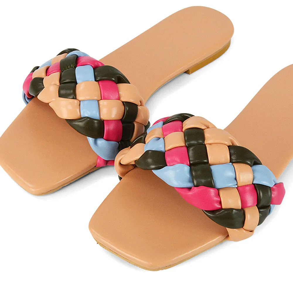 DARCIE WOVEN STRAP SQUARE TOE FLAT SLIDER SANDAL IN BLACK MULTI SYNTHETIC LEATHER