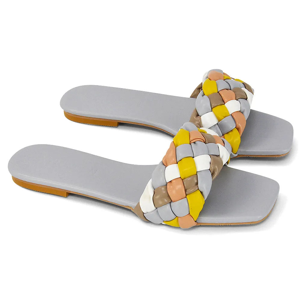 DARCIE WOVEN STRAP SQUARE TOE FLAT SLIDER SANDAL IN BLACK MULTI SYNTHETIC LEATHER