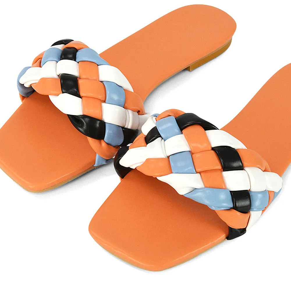 DARCIE WOVEN STRAP SQUARE TOE FLAT SLIDER SANDAL IN BLACK MULTI SYNTHETIC LEATHER