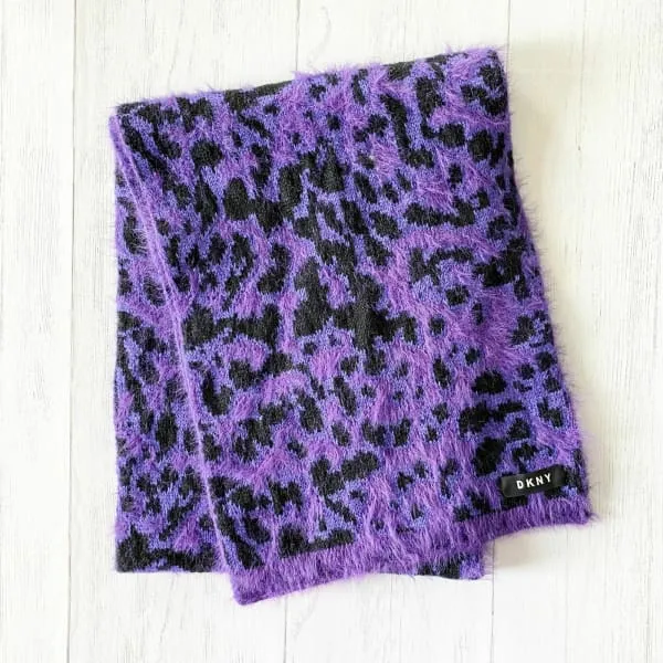 DKNY Fuzzy Animal Print Knit Scarf Purple & Black Scarf