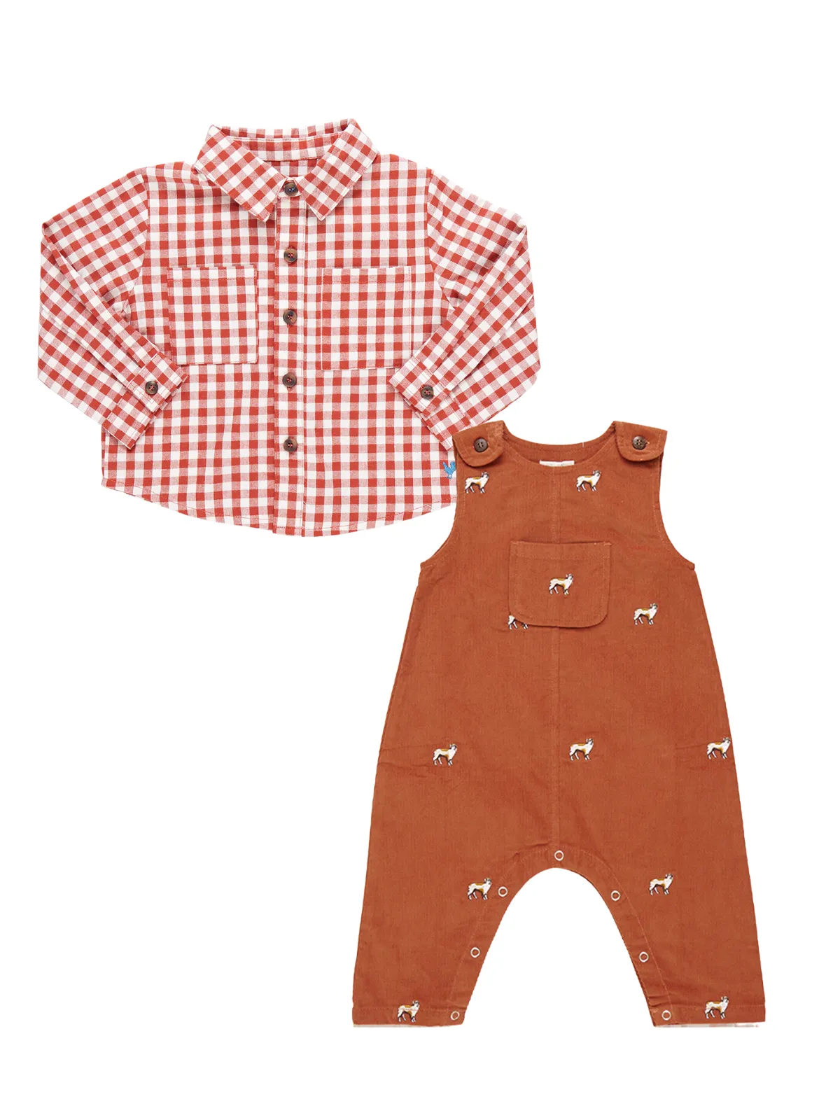 Dog Embroidered Cord Romper and Shirt Set