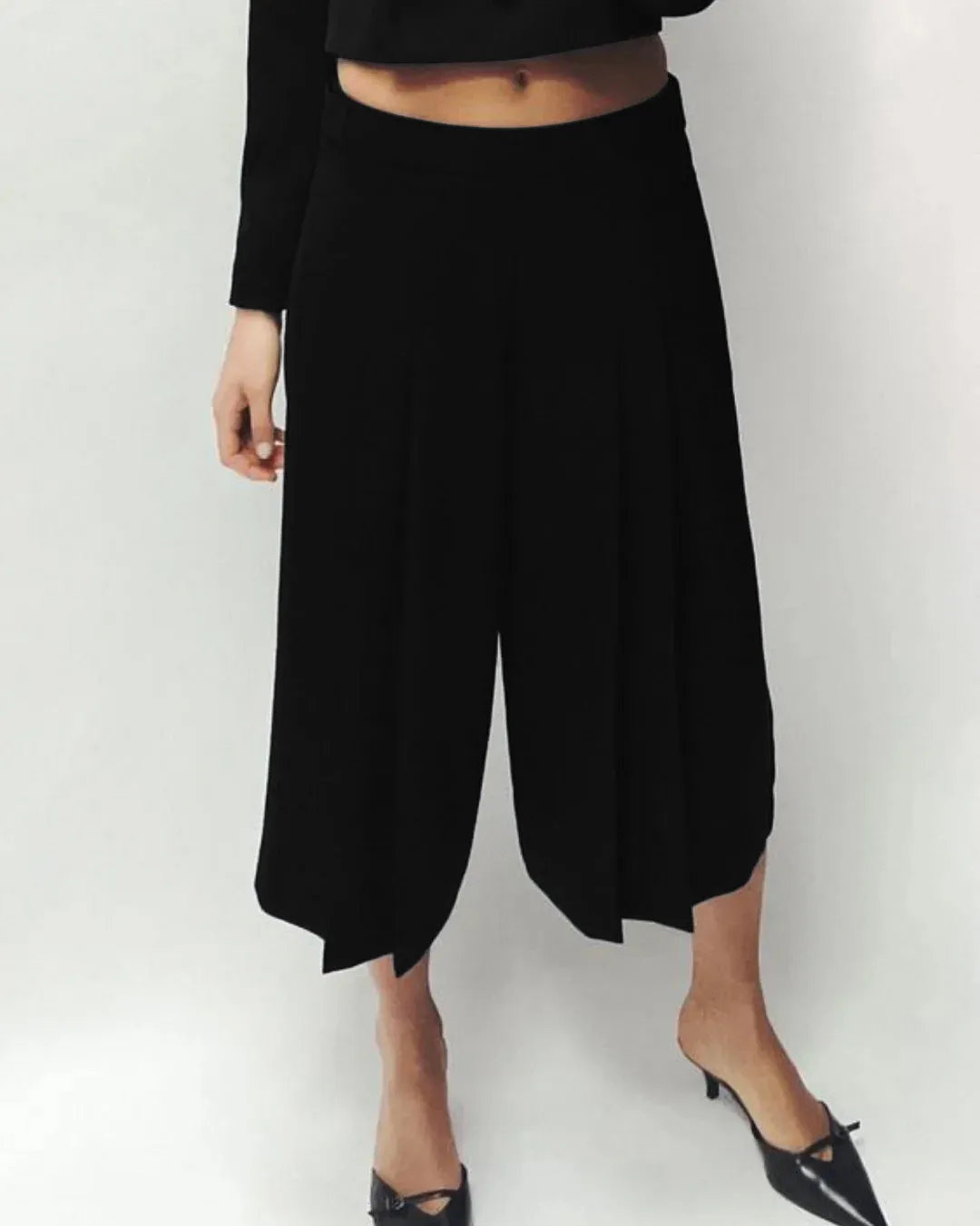 Double-Breasted Front Buttoned Blazer & Pleated Elegant Style Culottes In Black