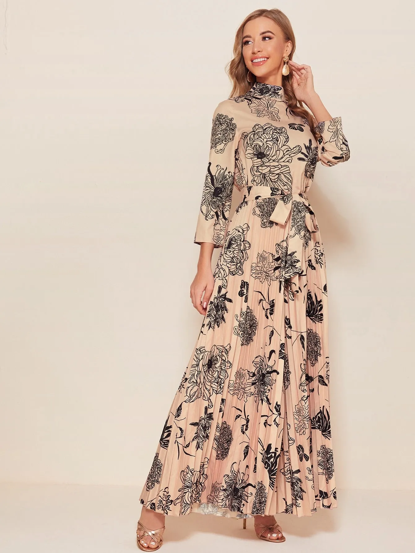 Elegant All Over Print Pleated Three Quarter Length Sleeve Stand Collar High Waist Long Women Jumpsuit