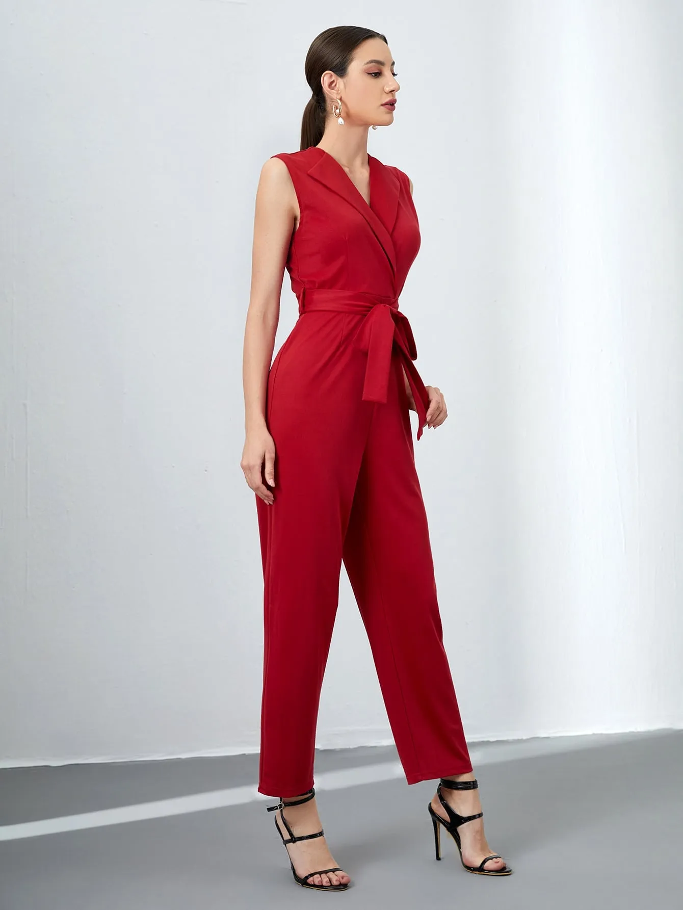 Elegant Plain Belted Sleeveless V Neck High Waist Long Women Jumpsuit