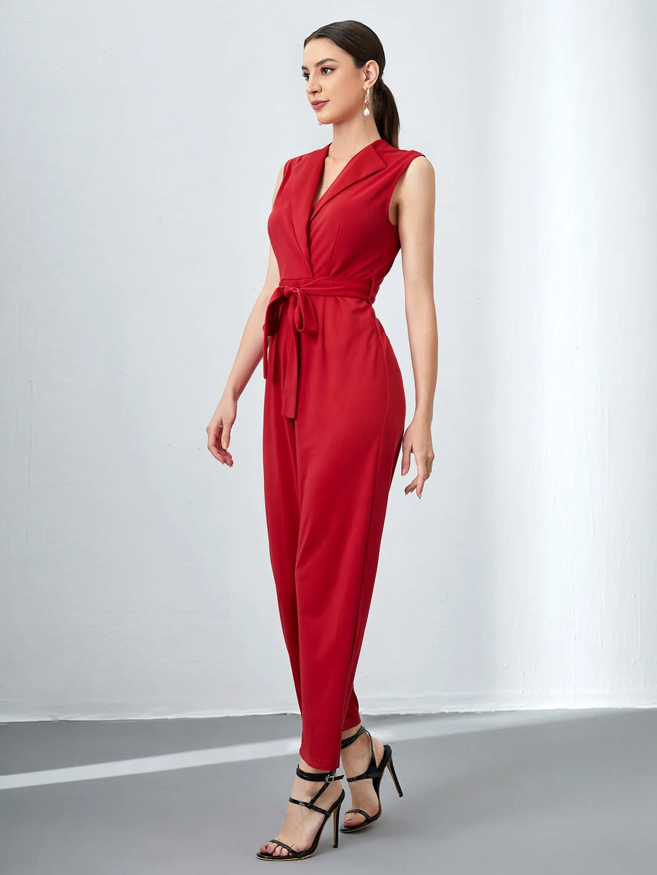 Elegant Plain Belted Sleeveless V Neck High Waist Long Women Jumpsuit