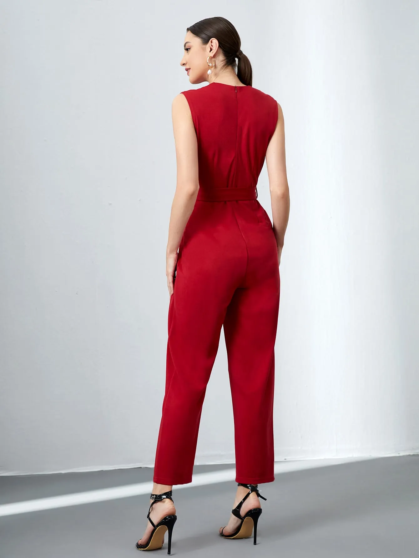 Elegant Plain Belted Sleeveless V Neck High Waist Long Women Jumpsuit