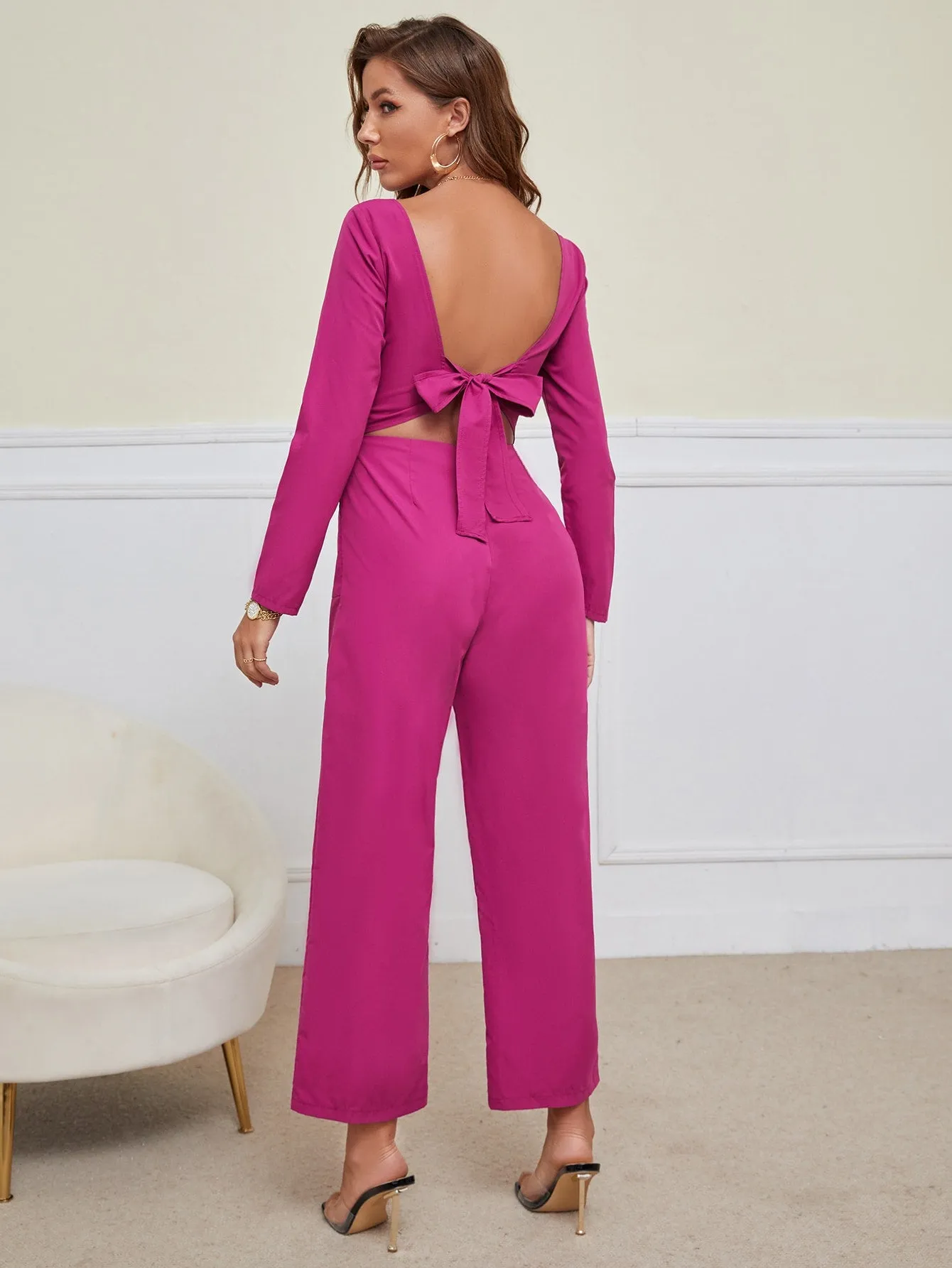 Elegant Plain Tie Back Long Sleeve Square Neck High Waist Long Women Jumpsuit