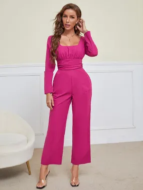 Elegant Plain Tie Back Long Sleeve Square Neck High Waist Long Women Jumpsuit