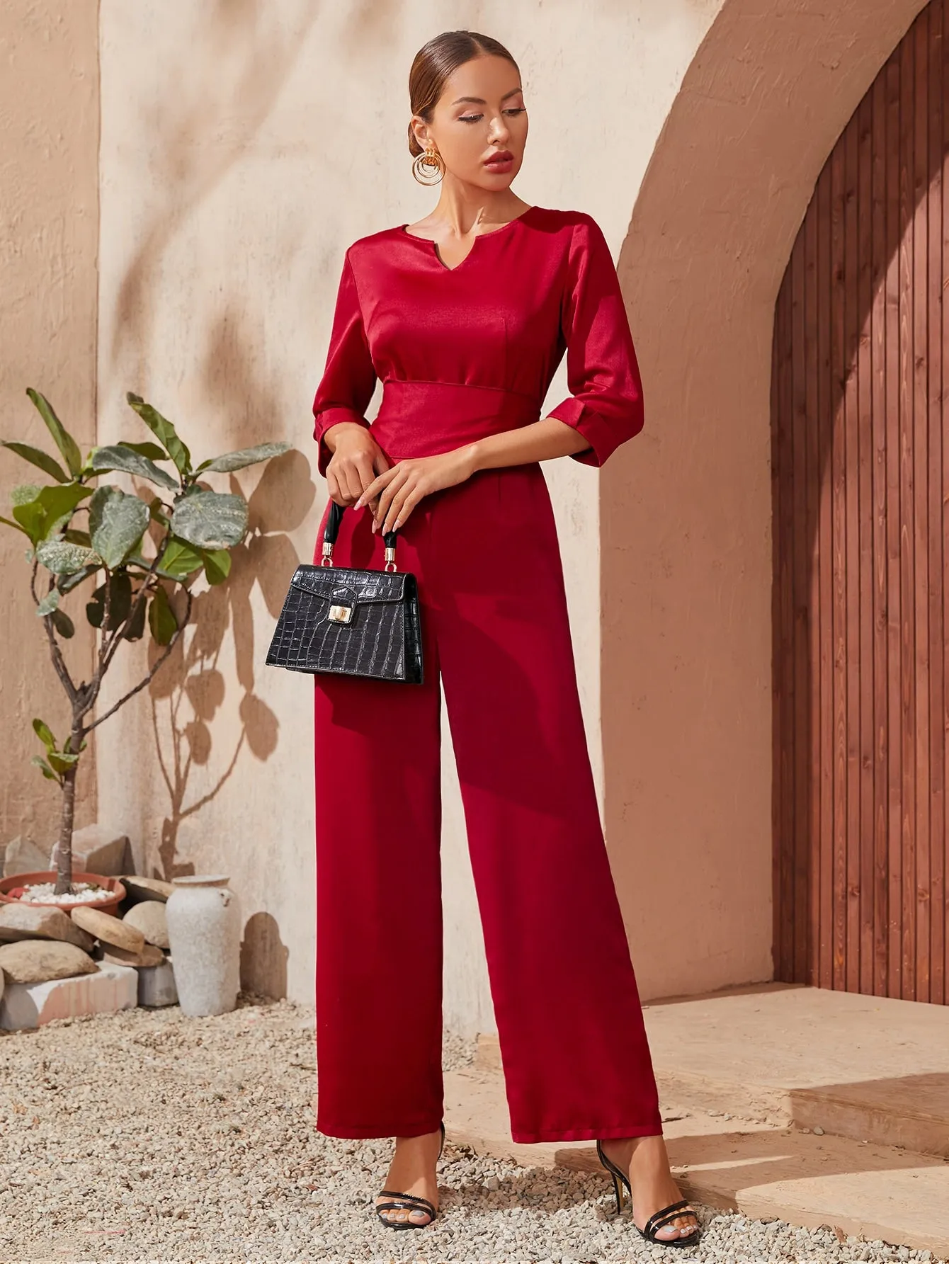 Elegant Plain Tie Back Three Quarter Length Sleeve Notched High Waist Long Women Jumpsuit