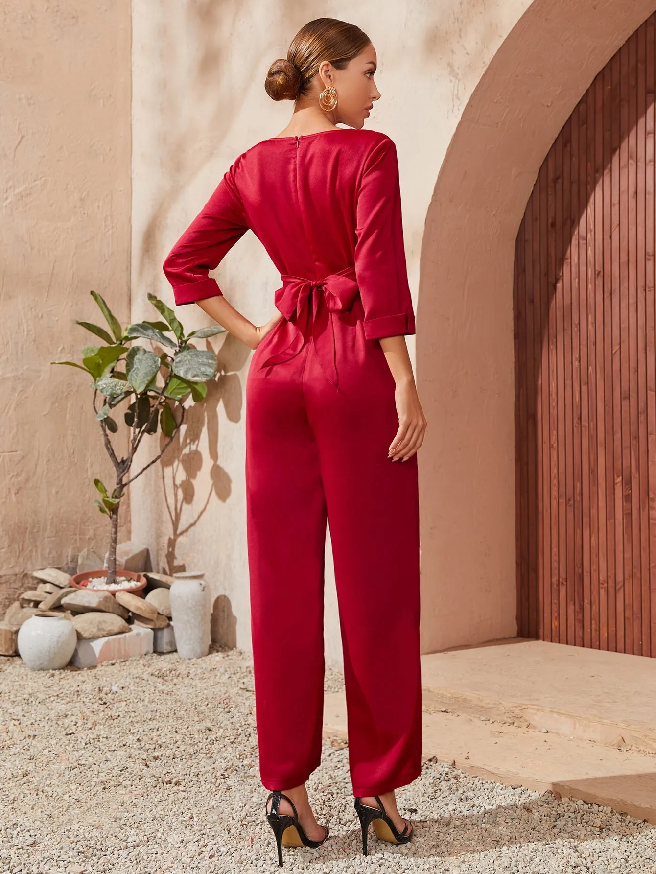 Elegant Plain Tie Back Three Quarter Length Sleeve Notched High Waist Long Women Jumpsuit