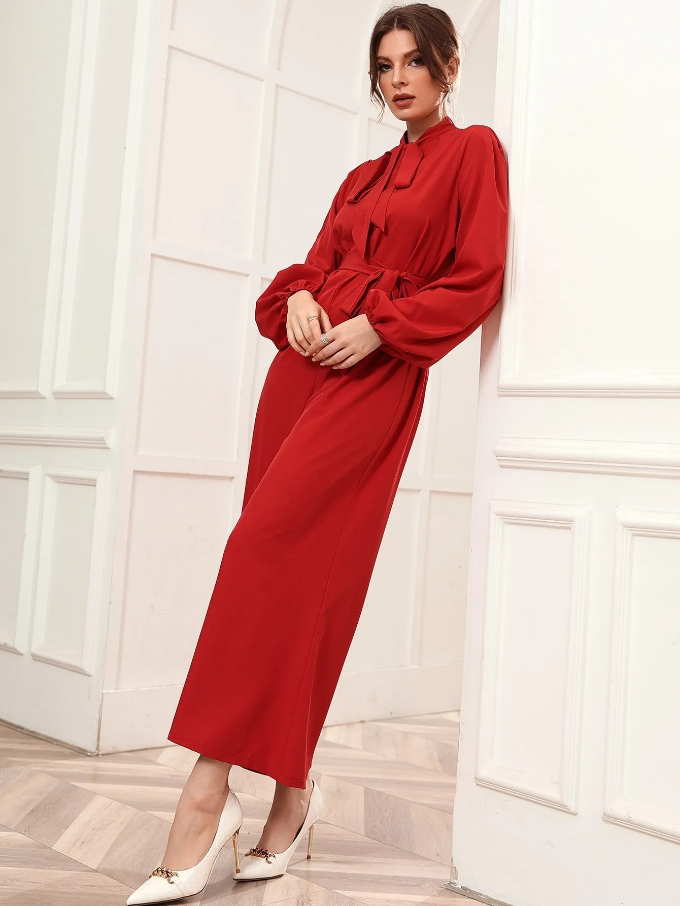 Elegant Plain Tie Front Long Sleeve Tie Neck Natural Capris Women Jumpsuit