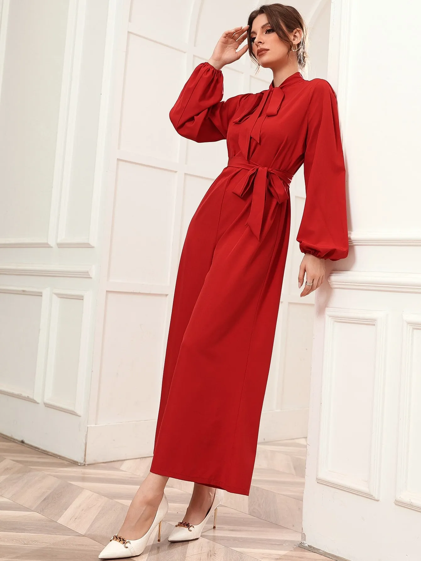 Elegant Plain Tie Front Long Sleeve Tie Neck Natural Capris Women Jumpsuit