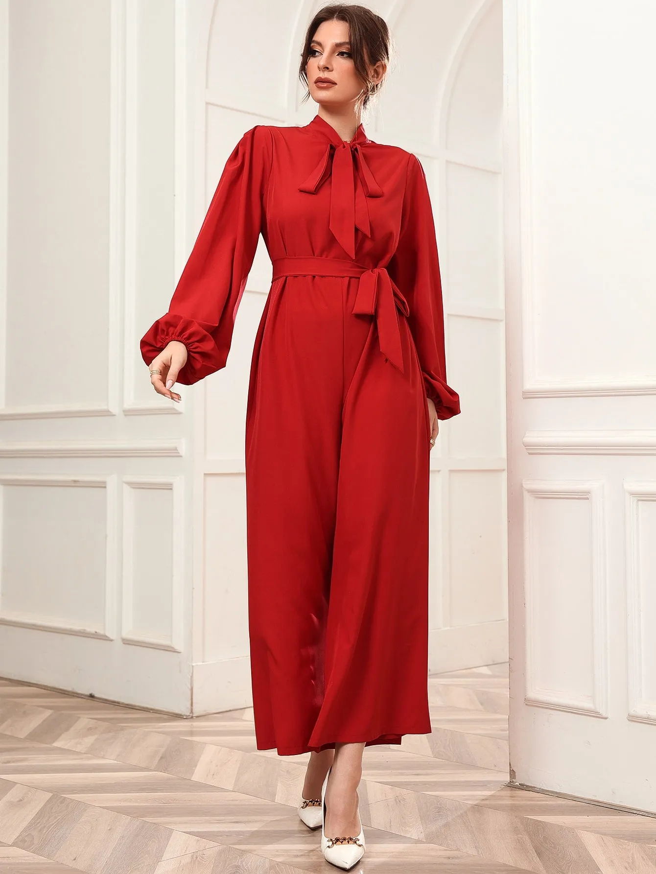 Elegant Plain Tie Front Long Sleeve Tie Neck Natural Capris Women Jumpsuit