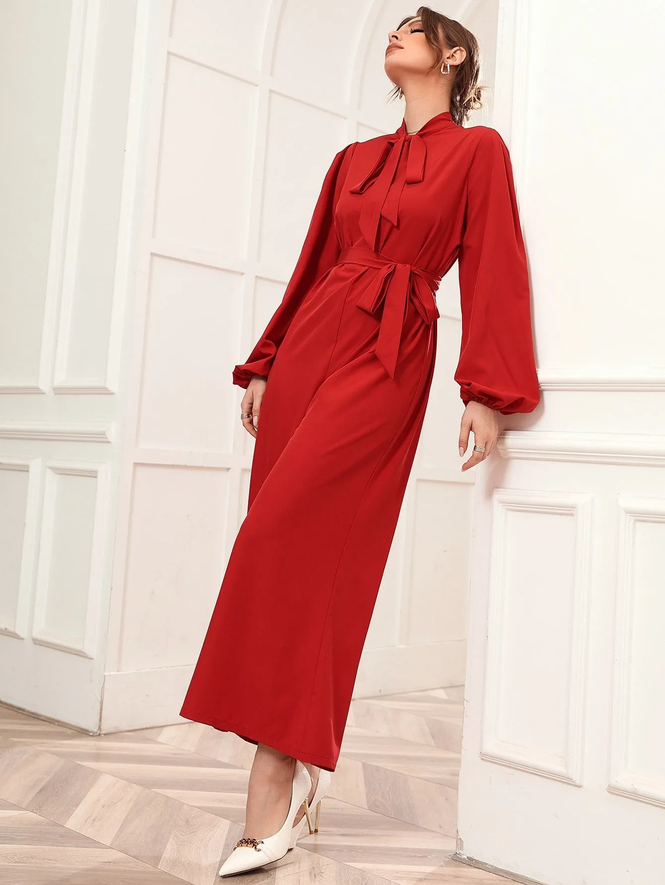 Elegant Plain Tie Front Long Sleeve Tie Neck Natural Capris Women Jumpsuit