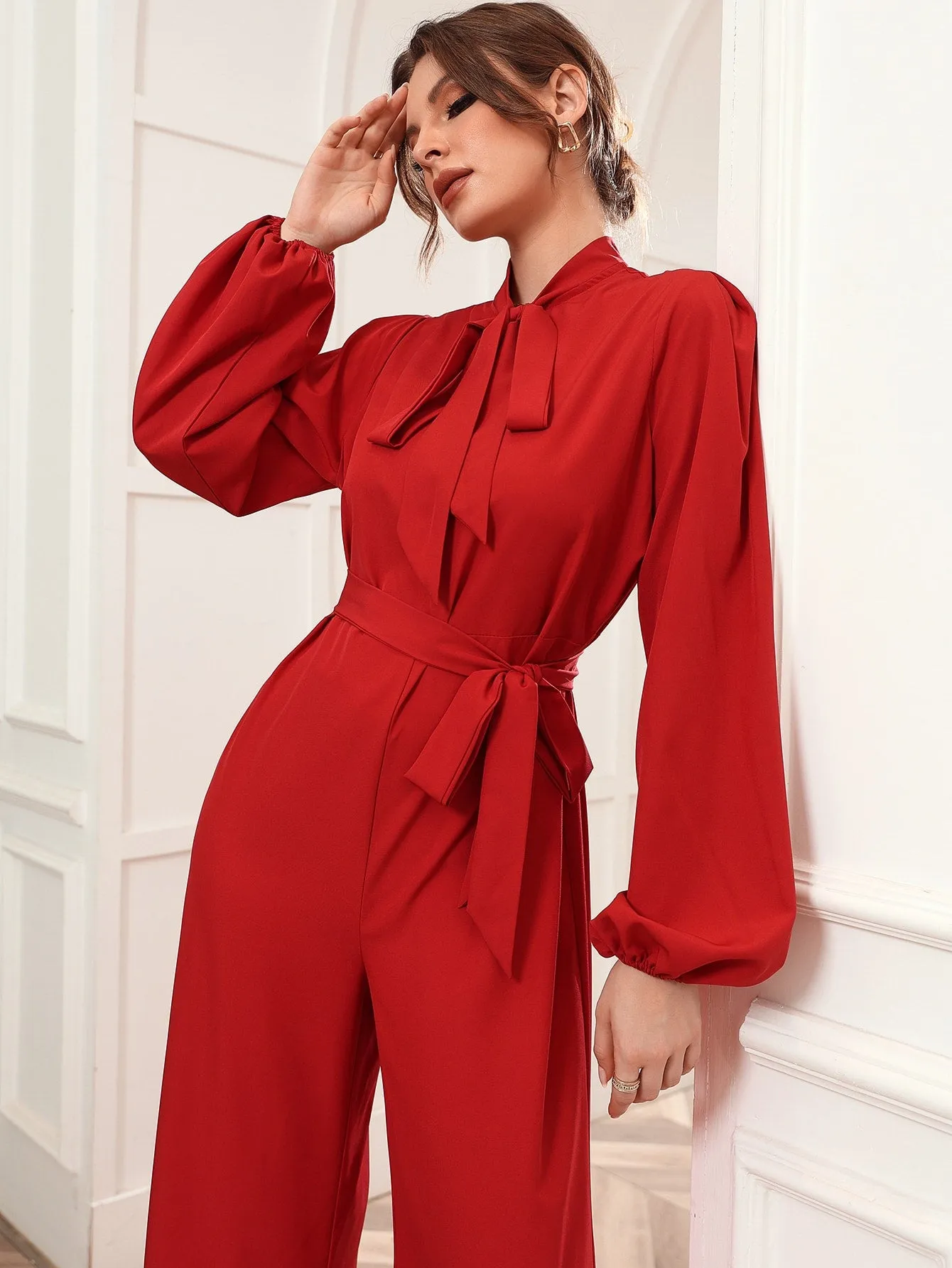 Elegant Plain Tie Front Long Sleeve Tie Neck Natural Capris Women Jumpsuit