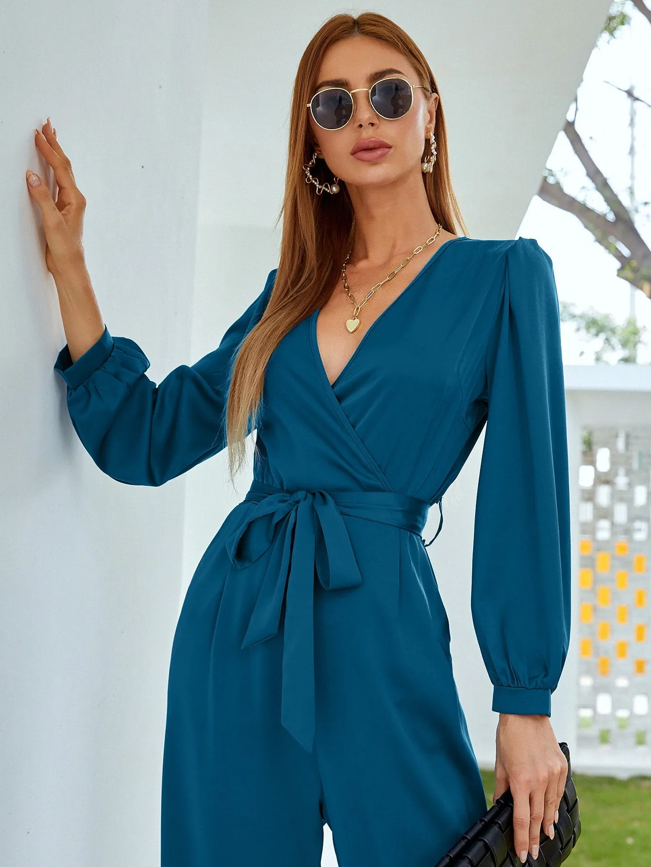 Elegant Plain Wrap Long Sleeve Deep V Neck Natural Long Women Jumpsuit