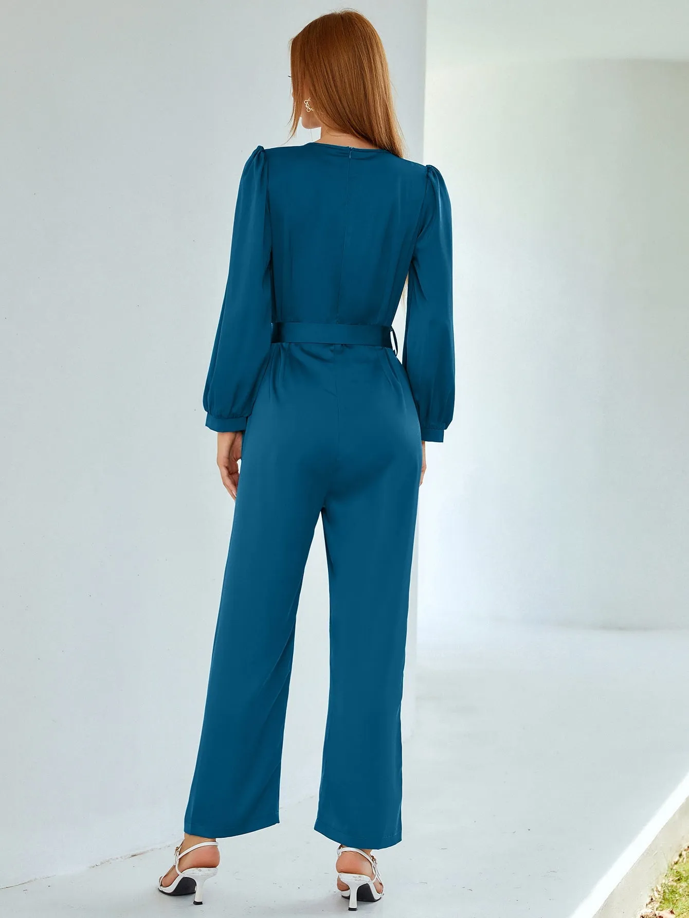 Elegant Plain Wrap Long Sleeve Deep V Neck Natural Long Women Jumpsuit