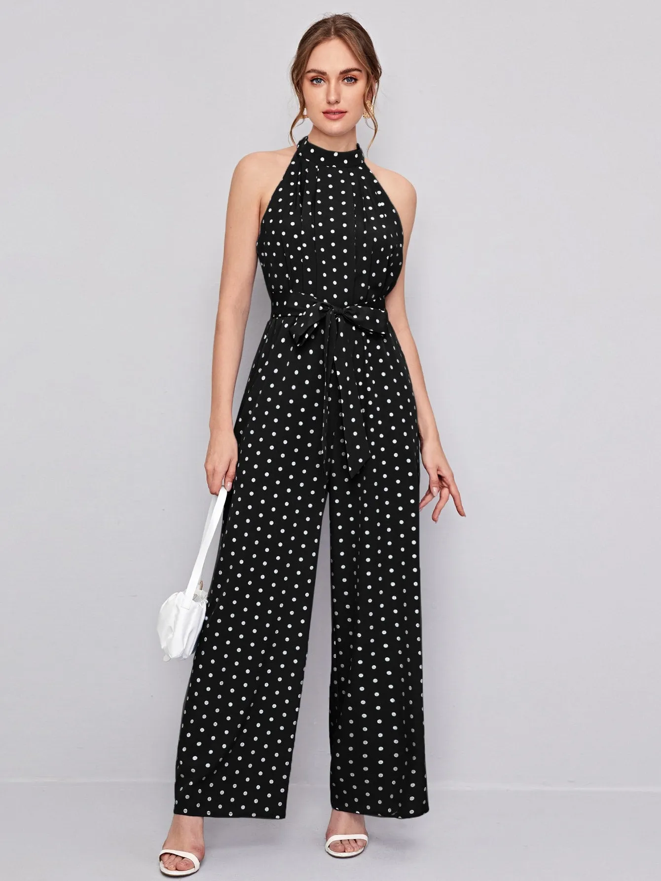 Elegant Polka Dot Zipper Sleeveless Halter High Waist Long Women Jumpsuit